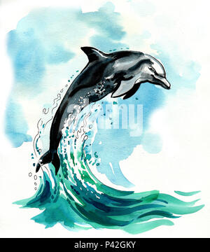 【WAIKEI】Watercolor Puppydolphin Jumping ３色 Dolphin Jumps Through the Waves/Drawing of Dolphin/3rd