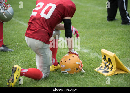 CLUJ, ROMANIA - JUNE 17, 2018: American Football team Cluj Crusaders playing the semi final match against Bucharest Warriors in the Romanian Cup Troph Stock Photo