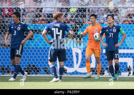 Saransk, Russland. 19th June, 2018. Fltr Gen SHOJI (JPN), Takashi INUI (JPN), goalkeeper KAWASHIMA Eiji (JPN), Makoto HASEBE (JPN) are disappointed after the goal to make it 1-1 for Colombia, disappointed, disappointed, disappointed, sad, frustrated, frustrated, late-filed, Full Character, Colombia (COL) - Japan (JPN) 1: 2, Preliminary Round, Group H, Game 16, on 19.06.2018 in Saransk; Football World Cup 2018 in Russia from 14.06. - 15.07.2018. | usage worldwide Credit: dpa/Alamy Live News Stock Photo