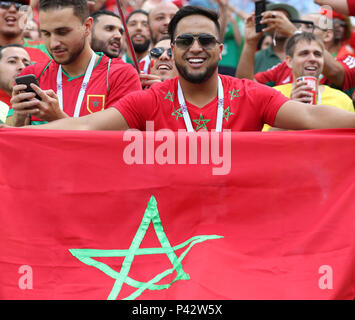 Moscow, Russia. 20th June, 2018. Fans of Morocco cheer prior to a Group B match between Portugal and Morocco at the 2018 FIFA World Cup in Moscow, Russia, June 20, 2018. Credit: Xu Zijian/Xinhua/Alamy Live News Stock Photo