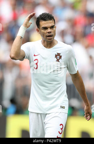 Moscow, Russia. 20th June, 2018. Pepe of Portugal reacts during a Group B match between Portugal and Morocco at the 2018 FIFA World Cup in Moscow, Russia, June 20, 2018. Credit: Xu Zijian/Xinhua/Alamy Live News Stock Photo