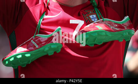 Moscow, Russia. 20th June, 2018. Portugal Football boots  PORTUGAL V MOROCCO  PORTUGAL V MOROCCO , 2018 FIFA WORLD CUP RUSSIA  20 June 2018  GBC8478  2018 FIFA World Cup Russia    STRICTLY EDITORIAL USE ONLY.   If The Player/Players Depicted In This Image Is/Are Playing For An English Club Or The England National Team.   Then This Image May Only Be Used For Editorial Purposes. No Commercial Use.    The Following Usages Are Also Restricted EVEN IF IN AN EDITORIAL CONTEXT:   Use in conjuction with, or part of, any unauthorized audio, video, data, fixture lists, club/league logos, Betting, Games  Stock Photo