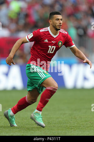 Moscow, Russia. 20th June, 2018. Younes Belhanda  MOROCCO  PORTUGAL V MOROCCO , 2018 FIFA WORLD CUP RUSSIA  20 June 2018  GBC8494  Portugal v Morocco  2018 FIFA World Cup Russia    STRICTLY EDITORIAL USE ONLY.   If The Player/Players Depicted In This Image Is/Are Playing For An English Club Or The England National Team.   Then This Image May Only Be Used For Editorial Purposes. No Commercial Use.    The Following Usages Are Also Restricted EVEN IF IN AN EDITORIAL CONTEXT:   Use in conjuction with, or part of, any unauthorized audio, video, data, fixture lists, club/league logos, Betting, Games Stock Photo