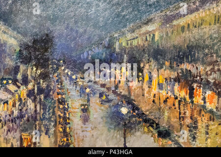 Painting titled 'The Boulevard Montmartre at Night' by Camille Pissarro dated 1877 Stock Photo