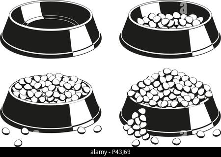 Black and white pet food bowl silhouette set Stock Vector