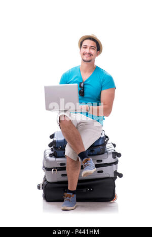 Freelancer working on the go isolated on white Stock Photo