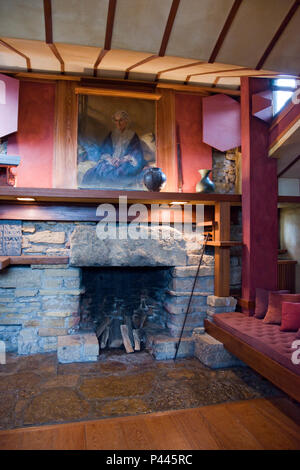 Fireplace in the living area of Taliesin, the estate of American architect Frank Lloyd Wright, near Spring Green, Wisconsin. Stock Photo