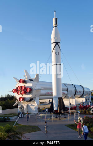 Jupiter C and a Saturn 1B boosters in the rocket garden at NASA's Kennedy Space Center Visitor Complex, Florida. Stock Photo