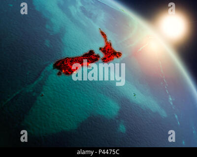 Sunset above New Zealand from space on planet Earth with visible country borders. 3D illustration. Elements of this image furnished by NASA. Stock Photo