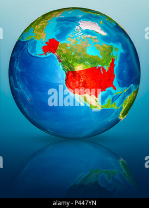USA in red on model of planet Earth with clouds and atmosphere in space ...