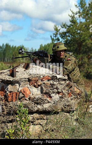 A Polish soldier takes cover as his team assaults a Norwegian defensive fighting position during a simulated battle demonstration for distinguished visitors by soldiers from the United Kingdom, Norway and Poland during Saber Strike 16, June 13, at Adazi Military Base, Latvia. Saber Strike is a cooperative training exercise led by U.S. Army Europe spanning from May 27 through June 22 in locations throughout Estonia, Latvia and Lithuania, featuring 13 participating nations. Participating forces in Latvia include service members from F Troop, 2nd Squadron and B Battery, Field Artillery Squadron,  Stock Photo
