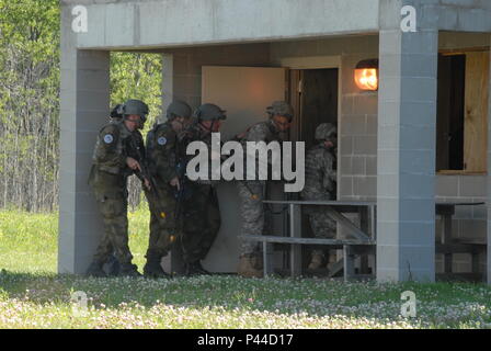 During a culminating event, Soldiers of the Minnesota National Guard and the Norwegian Home Guard conduct squad movements under supervision of local Minnesota law enforcement officers after two days of domestic operations training conducted at Camp Ripley June 24-26. Several law enforcement agencies participated in the event including police officers who are a part of SWAT teams from St. Cloud, East Metro and Morrison, Sherburne and Washington Counties. (Minnesota National Guard Photo by Master Sgt. Ashlee J. L. Sherrill) Stock Photo