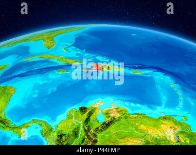 Satellite view of Haiti highlighted in red on planet Earth with clouds ...