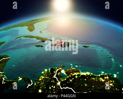 Sunrise above Haiti highlighted in red on model of planet Earth in ...