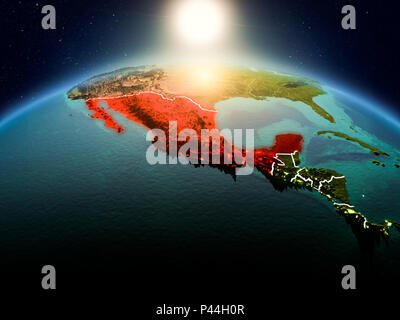 Sunrise above Mexico highlighted in red on model of planet Earth in ...