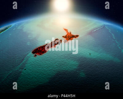 Sunrise above New Zealand highlighted in red on model of planet Earth in space with visible country borders. 3D illustration. Elements of this image f Stock Photo