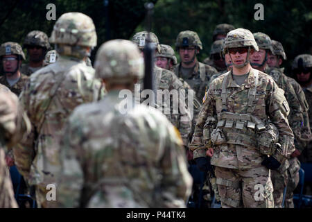 421st Medical Battalion (Multifuntional) conducts a Relinquishment of Command Ceremony in Torun, Poland during Anakonda 16, a Polish Military led exercise, on June 2. 421st MMB is providing NATO ROLE 1 and 2 support (557th Area Support Medical Company), food and water risk assessments along with base camp assessments (64th Medical Detachment VSS and 71st Medical Detachment Preventive Medicine), and behavioral health services (254th Combat Operational Stress Control) in various locations in Poland during the exercise. (U.S. Army photo by Capt. Jeku Arce, 30th Medical Brigade Public Affairs) Stock Photo