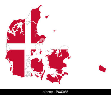 Flag of Denmark in country silhouette. Danish national state ensign, a white Scandinavian Cross on a red field. Kingdom and Nordic country in Europe. Stock Photo