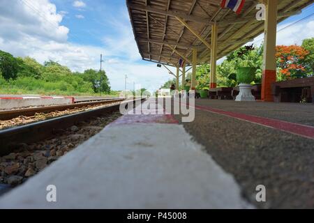 Low angle at Kanchanaburi train station in Thailand Stock Photo