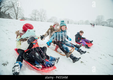 Children are racing each other down a hill on sleds in the snow. The girls are holding hands. Stock Photo
