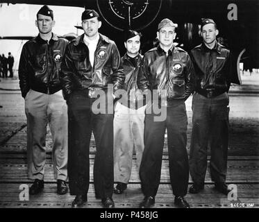 U.S. Army Air Corps Staff Sgt. David Thatcher (fifth from left) with the crew  of the Ruptured Duck, one of 16 B-25 Mitchell bombers that launched off the deck of the aircraft carrier the U.S.S. Hornet and headed to the coast of  Japan to wreak havoc on the Japanese empire April 18, 1942. After dropping its payload, the Ruptured Duck crashed into the China Sea. Thatcher helped save his other four crew members who were seriously hurt and protected them on a beach. (Photo provided courtesy of the Doolittle Tokyo Raiders official website/Released). Stock Photo