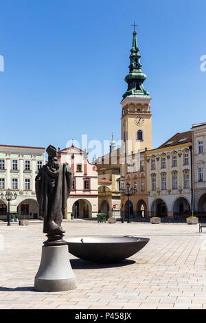 06 May 2018, Novy Jicin, Czech Republic. Old market square in Novy Jicin with Church of the Assumption of the Virgin Mary Stock Photo