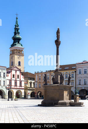 06 May 2018, Novy Jicin, Czech Republic. Old market square in Novy Jicin with Church of the Assumption of the Virgin Mary Stock Photo