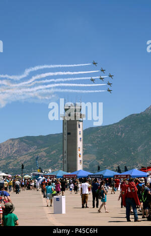 The Breitling Jet Team, made up of seven L-39C Albatros aircraft, perform for spectators during the Warriors Over the Wasatch Air Show and Open House June 26 at Hill Air Force Base, Utah. The world's largest professional civilian aerobatic display team performing in jet's, displays their precision flying over Utah, during one stop on their 2016 North American tour. (U.S. Air Force photo by Todd Cromar) Stock Photo