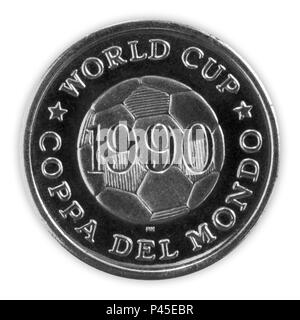 ITALY - June 18, 2018: FIFA World Cup 1990 Commemorative coin titled World Cup Coppa Del Mondo featuring an image of a football Stock Photo