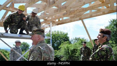 U.S. and Romanian generals visit engineers from the Alabama National Guard and Romanian Land Forces working at the Small Arms Range during Resolute Castle 16 at Cincu Training Range, Romania, on June 7, 2016. The visit included monitoring construction progress, providing guidance, and ensuring adherence to operational and safety standards. The exercise, part of Operation Atlantic Resolve, focuses on engineering tasks, training, coordination, technical skills, and interoperability for multinational forces. Stock Photo