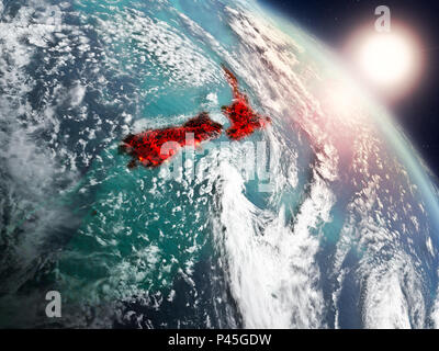 Sunset above New Zealand from space on planet Earth with visible country borders. 3D illustration. Elements of this image furnished by NASA. Stock Photo