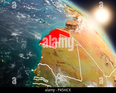 Sunset above Western Sahara from space on planet Earth with visible ...