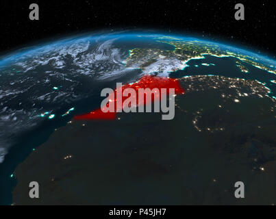 Satellite night view of Morocco highlighted in red on planet Earth with clouds. 3D illustration. Elements of this image furnished by NASA. Stock Photo