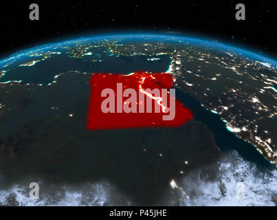 Satellite night view of Egypt highlighted in red on planet Earth with clouds. 3D illustration. Elements of this image furnished by NASA. Stock Photo