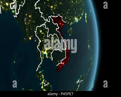 Map of Vietnam in red as seen from space on planet Earth at night with white borderlines and city lights. 3D illustration. Elements of this image furn Stock Photo