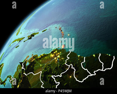 Illustration of Caribbean as seen from Earth’s orbit in late evening with visible border lines and city lights. 3D illustration. Elements of this imag Stock Photo