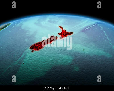 Morning above New Zealand highlighted in red on model of planet Earth in space with visible border lines and city lights. 3D illustration. Elements of Stock Photo