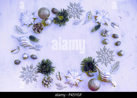 Christmas decorative composition of toys on a white background surrealism. Top view Flat Lay Stock Photo