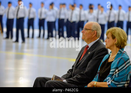 Former Secretary of the Air Force Michael Wynne, the 21st SECAF, and his wife, Barbara, attend the 89th Airlift Wing change-of-command ceremony at Joint Base Andrews, Md., June 17, 2016. Col. John C. Millard relinquished command to Col. Casey D. Eaton, who will oversee the 89th AW, a combat-ready wing of more than 1,100 Airmen and provides Special Airlift Mission airlift and support to the president, vice president, cabinet members, combatant commanders and other senior military and elected leaders, supporting White House, Air Force chief of staff and Air Mobility Command missions. (U.S. Air F Stock Photo