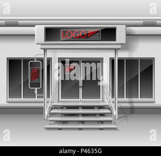 Template for advertising 3d store front facade. Shop exterior with door, corporate identity. Blank mockup of storefront and shop exterior. Vector illustration Stock Vector