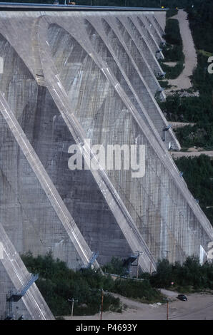 The massive Daniel Johnson Dam, also known as manic 5, on the Manicougan river in Quebec Canada. It is the largest dam of its type in the world Stock Photo