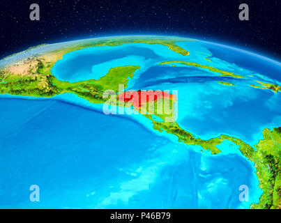 Satellite view of Honduras highlighted in red on planet Earth. 3D illustration. Elements of this image furnished by NASA. Stock Photo