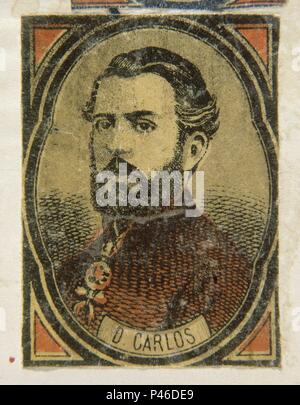 CARLOS MARIA ISIDRO (1788-1855) CARLISTA - GRABADO DE UNA CAJA DE CERILLAS - SIGLO XIX. Location: FOSFORERA ESPAÑOLA, MADRID, SPAIN. Stock Photo