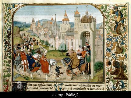 CARLOS IV FRANCIA RECIBE A LA REINA ISABEL DE INGLATERRA - 1325 - MANUSCRITO GOTICO. Author: Jean Froissart (c. 1333-c. 1410). Location: NATIONAL LIBRARY. Stock Photo