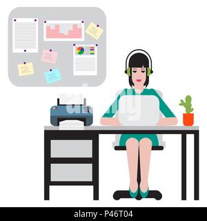 Woman sitting at table and working on laptop. Workspace. Stock Vector