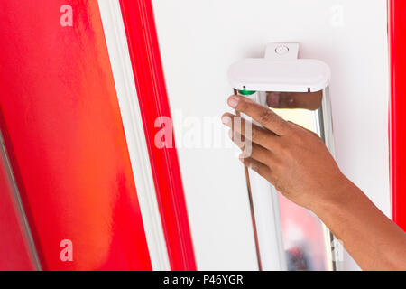 Setup fluorescent light green power on ceiling, selection focus, copy space background. Stock Photo