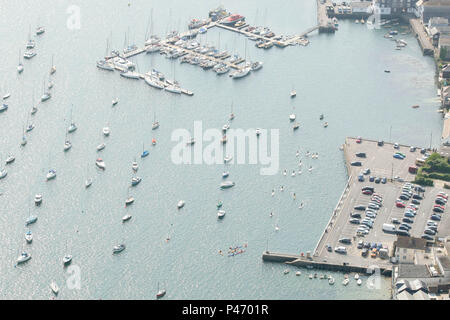 Birds eye view of sailing boats moored in Cornwall. Stock Photo