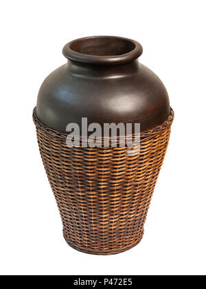 Ceramic vase in braided rattan isolated on white background. Clipping path. Stock Photo