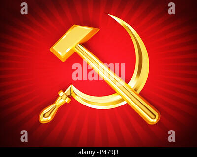 Communist symbols hammer and sickle on red. 3D illustration. Stock Photo