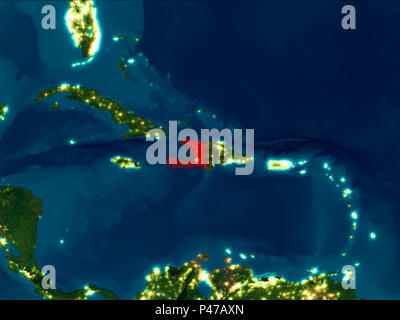 Night view of Haiti highlighted in red on planet Earth with atmosphere ...